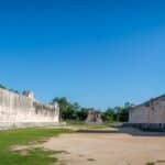 Panoramic view of ball game court (juego de pelota) at Chichen Itza - Yucatan, Mexico