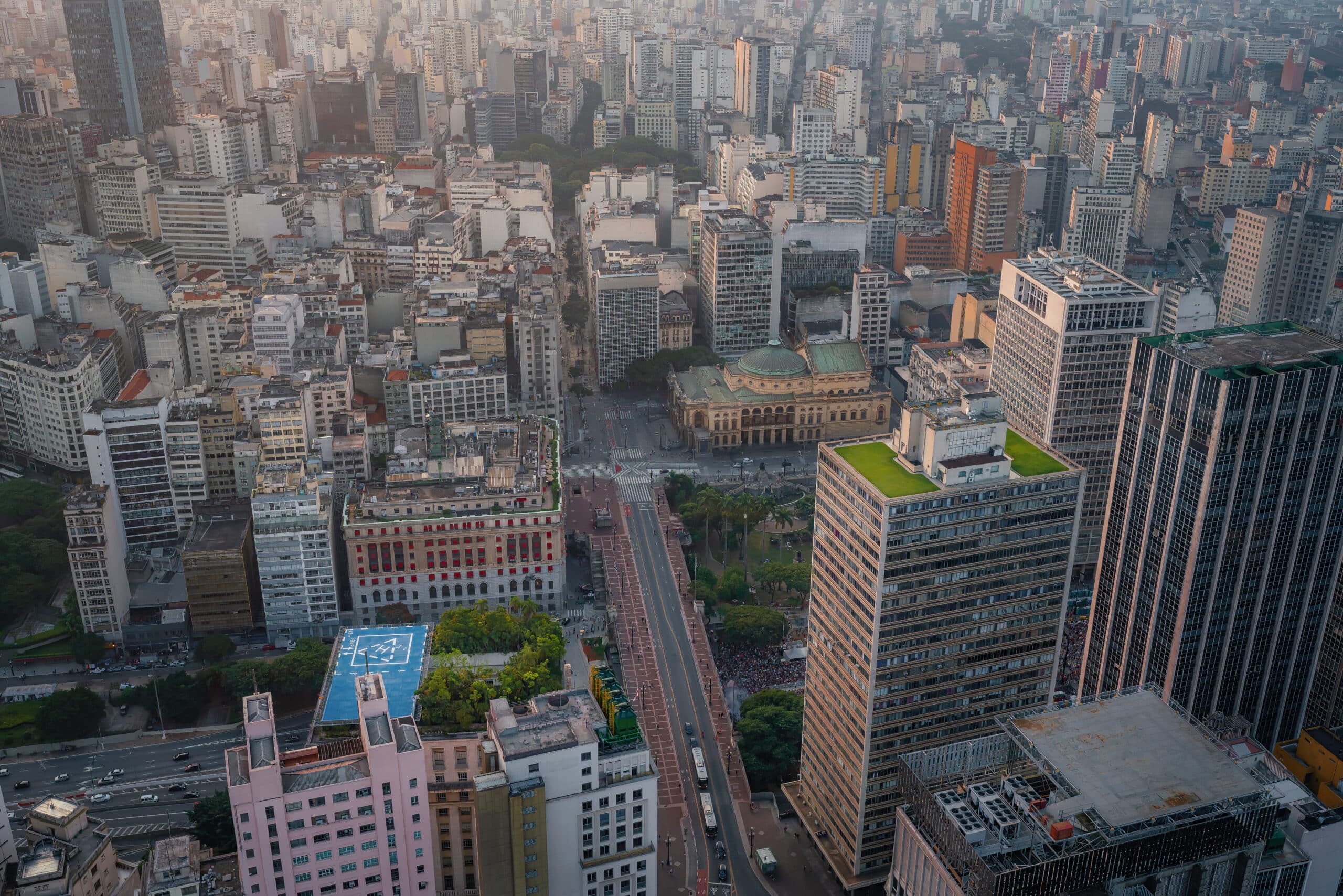 Viaduto do Cha and Municipal Theatre aerial view at  Historic City Center - Sao Paulo, Brazil